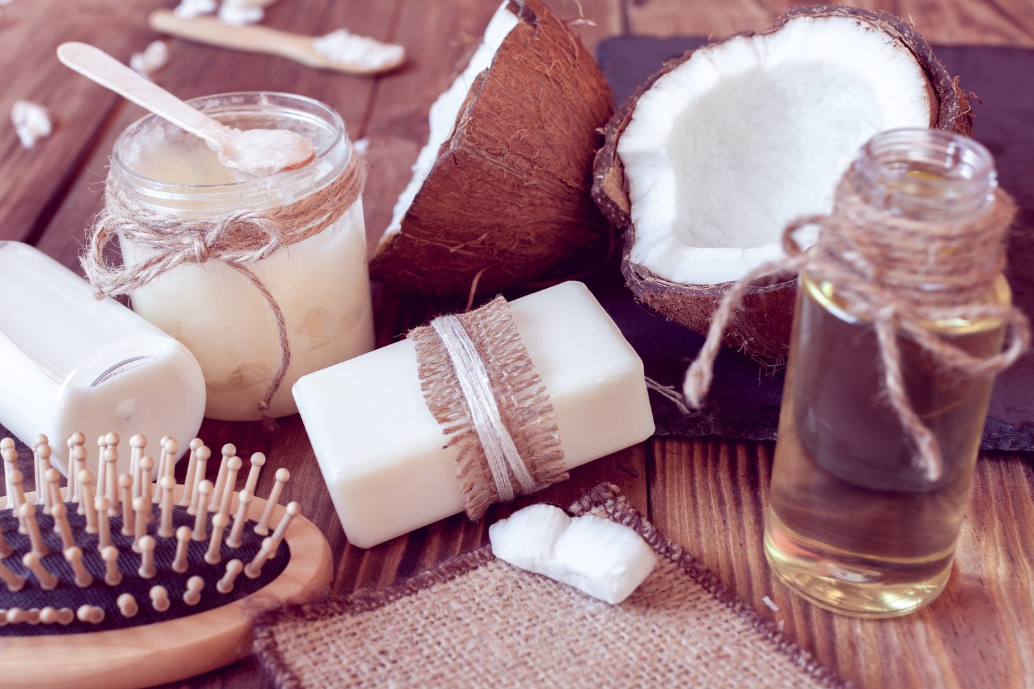 set of coconut products for hair care and body